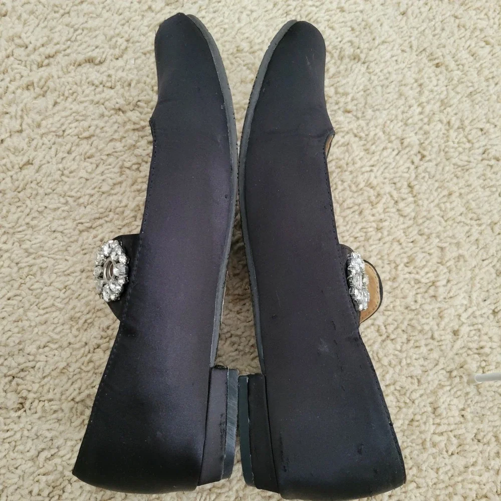 Badgley Mischka Marina Grommet Black Satin Mary Jane Flat Rhinestone Size 5 READ